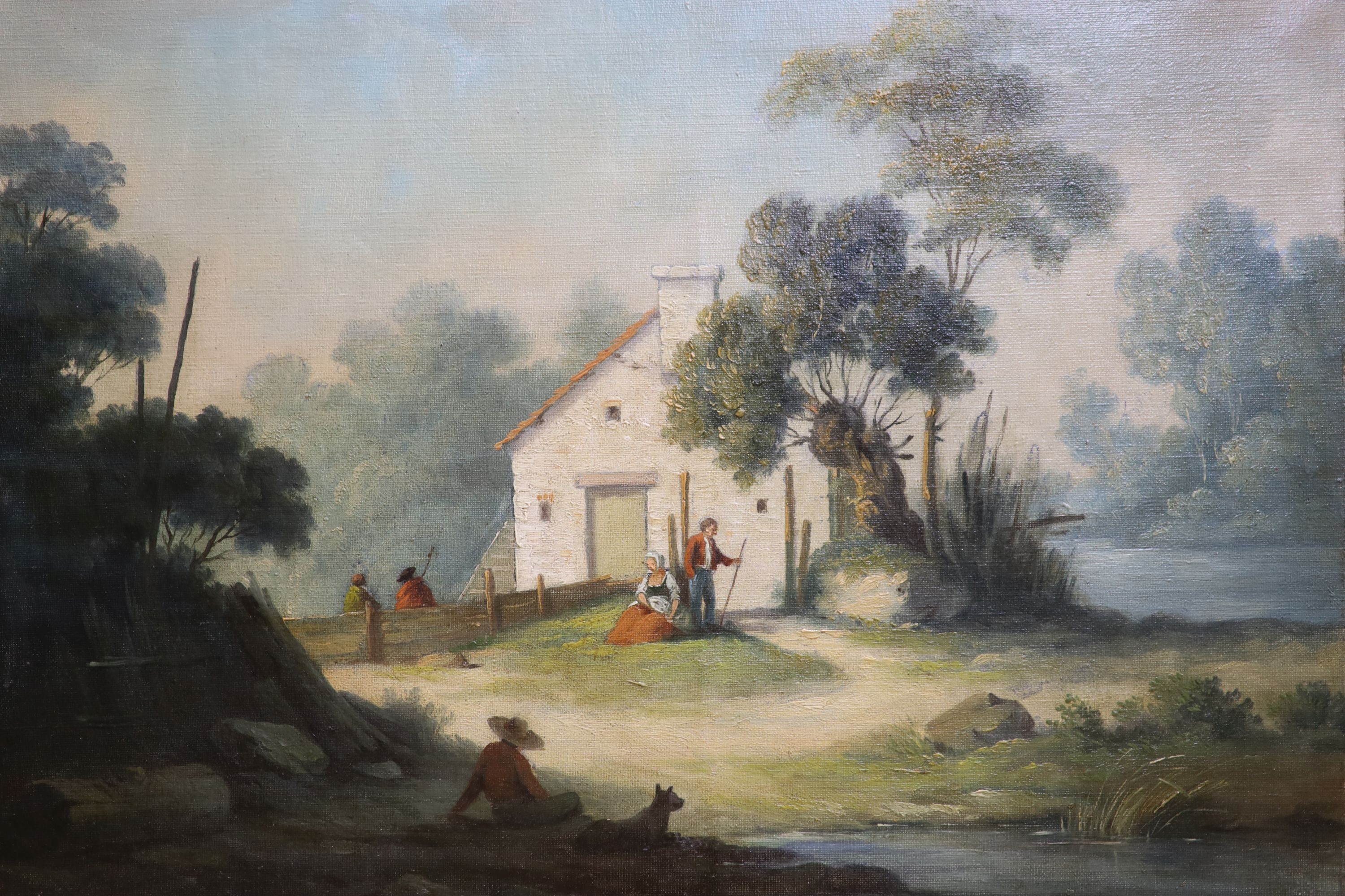 Continental school, 19th century oil on canvas, figures in a rustic landscape, 41 x 56 cm, unframed.